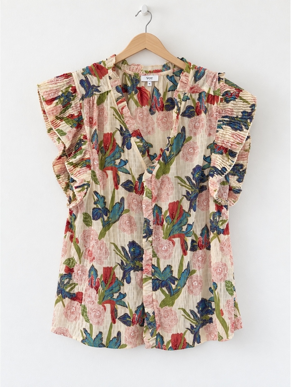 VOY Floral Plissé Ruffle Sleeve Blouse Cream Medium